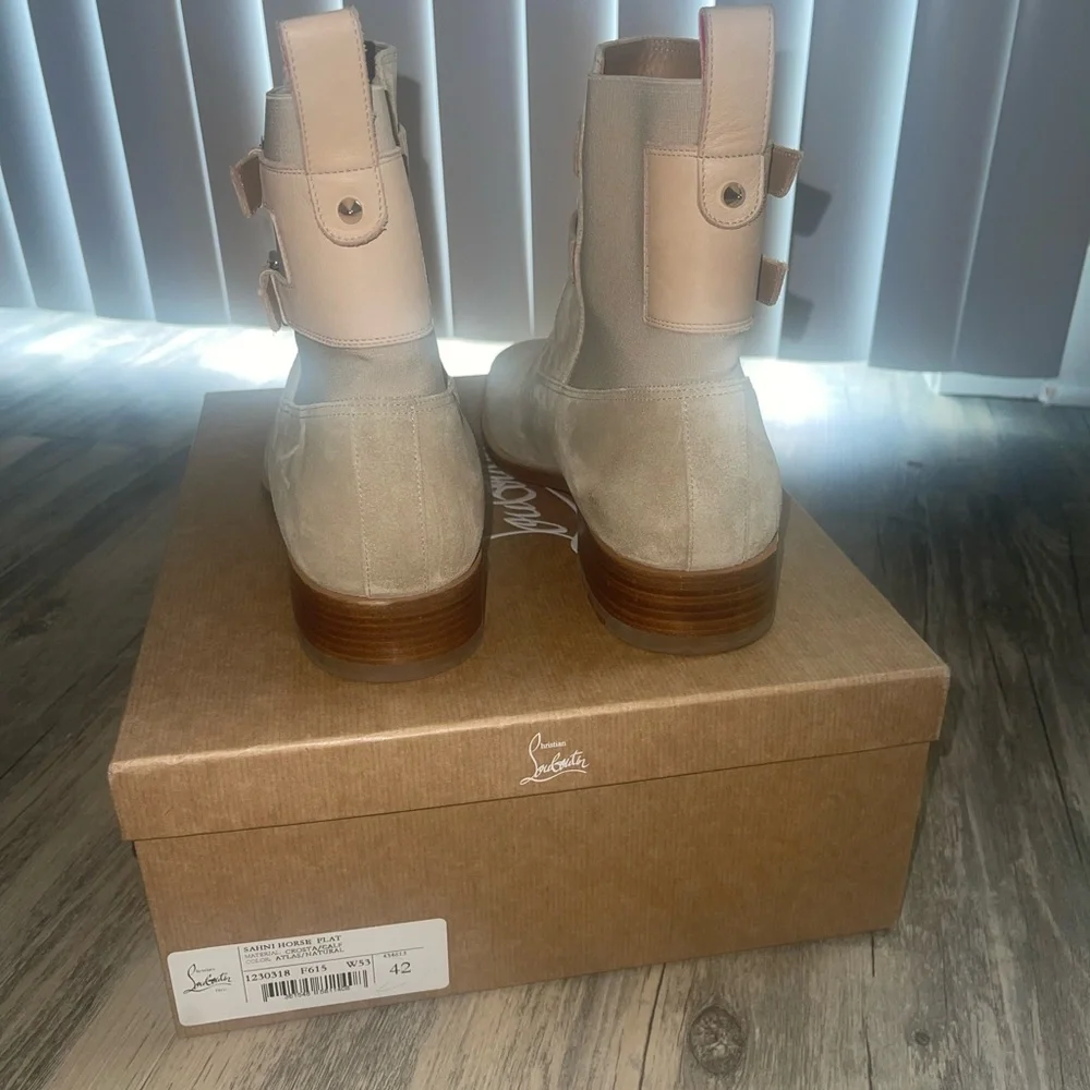 Christian Louboutin Beige Suede Ankle Boots with Pink Straps